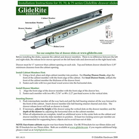 Gliderite Hardware 20 in. Side Mount 70 lb. 35mm Full Extension 1 in. Over Travel Drawer Slide - 2035 2035-Z-1
